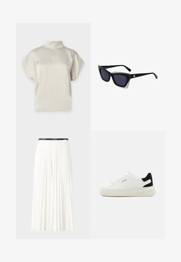 Kratka majica s kratkimi rokavi, svetlo bež barve, z visokim ovratnikom. Gladka tekstura, ohlapen kroj in subtilen sijaj. Brez vidnih vzorcev ali kovinskih delov.; Gubasta bela krila z črnim elastičnim pasom, ki nosi logotip "LACOSTE". Srednje dolga zasnova z mehkobo tkanine.; Bele usnjene športne copate z debelim belim podplatom, črnimi semišnimi detajli na peti in utisnjenim logotipom na strani. Zavezovanje s šestimi luknjicami.; Črne prevelike sončne očala geometrijske oblike, z temnimi lečami in kontrastno sivo podrobnostjo na okvirju. Logo na ročaju.