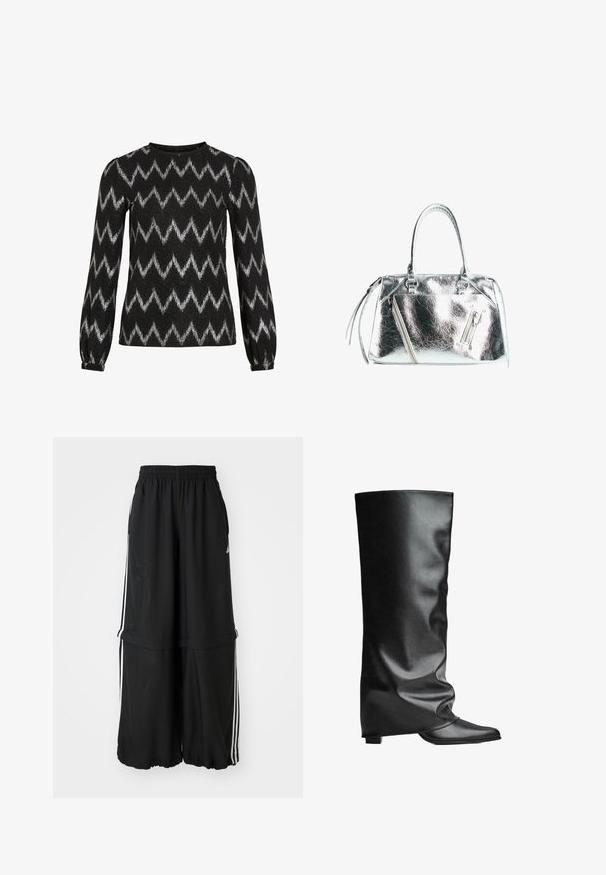Maglione nero a maniche lunghe con strisce zigzag argentate e leggere spalle a sbuffo, caratterizzato da polsini elastici.; Pantaloni atletici neri con cintura elastica, strisce laterali e vestibilità ampia con orlo arricciato per una silhouette fluida.; Stivali neri in pelle fino al ginocchio con una texture liscia, design morbido, punta affusolata e tacco quadrato basso. Stile minimalista senza hardware visibile.; Borsa a mano in argento metallico con forma strutturata, due manici superiori e tasche con zip sul davanti. Texture liscia e lucida.