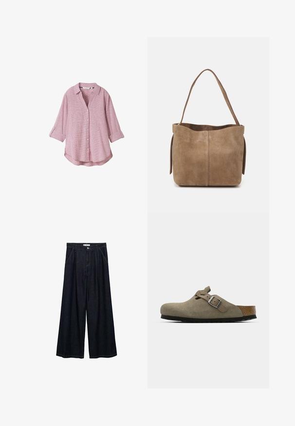 TOM TAILOR WITH SLUB STRUCTURE - Košilová halenka - pink velvet; Tmavě modré široké kalhoty s vysokým pasem, které mají zapínání na přední knoflík, dvě boční kapsy a švy.; Semišové dřeváky ve světle olivové barvě s vytvarovanou korkovou a gumovou podrážkou. Obsahují boční pásek s kovovou sponou a zaoblenou špičku.; Hnědá velká taška z nubukové kůže s jemnou texturou, otevřeným vrchem a jedním ramenním popruhem. Obsahuje hladký povrch a minimalistiké detaily.