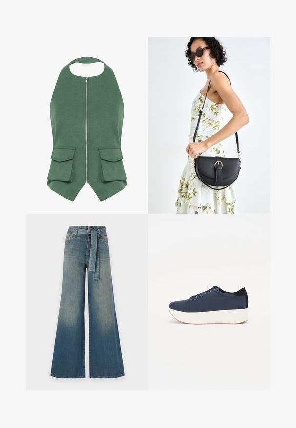 Gestuz CALLIA HALTERNECK - Pluus - posy green melange; Laiad denimpüksid, millel on hele tume sinine gradiendiefekt, kõrge vöökoht, vöökumlid ja sobivast kangast vöö. Struktureeritud denimi viimistlus.; Tumedat sinised tennised tekstureeritud riidest pealispinnaga, valge platvormi tallaga, ümarate varvaste ja musta kontsapaneeliga. Omab kuut silma paelte jaoks.; Mustmust mustraha kõverate joontega, eemaldatava rihmaga ja kuldsete detailidega. Kotil on klapp, millel on pandladetail.