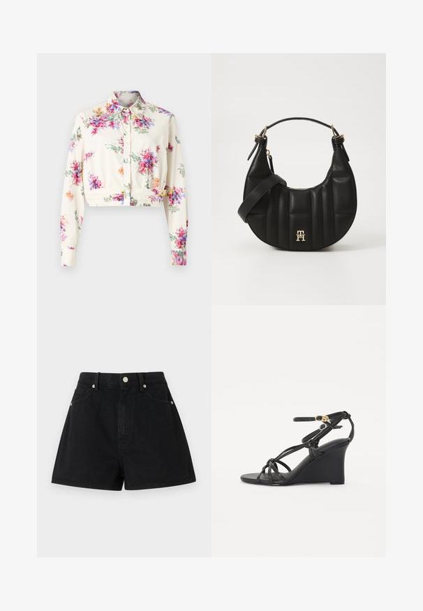 Chemise courte en tissu crème avec un motif floral multicolore. Elle possède des manches longues, un col pointu et une fermeture à boutons avec des accents décoratifs au col.; Shorts en denim noir taille haute, cinq poches, accessoires en métal argenté et coupe standard, présentant une texture lisse et des finitions soignées.; Sandales en wedge noires avec de fines lanières croisées et une sangle de cheville réglable avec une boucle dorée. Finition en cuir lisse.; Sac à main en cuir noir avec une forme incurvée, texture matelassée et quincaillerie dorée. Dispose d'une bandoulière amovible et d'un détail de logo.