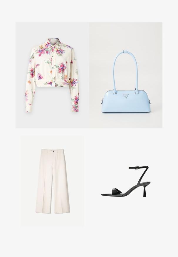 Camicia cropped in tessuto crema con motivo floreale multicolore. Presenta maniche lunghe, colletto e chiusura con bottoni, con accenti decorativi sul colletto.; Pantaloni larghi color crema con design sartoriale, dotati di due tasche frontali e una chiusura con bottone anteriore, realizzati in tessuto liscio.; Bershka Sandali con tacco - black; Borsa a mano azzurro chiaro con forma strutturata, materiale in pelle liscia, due manici e logo triangolare sul davanti. Chiusura con zip.