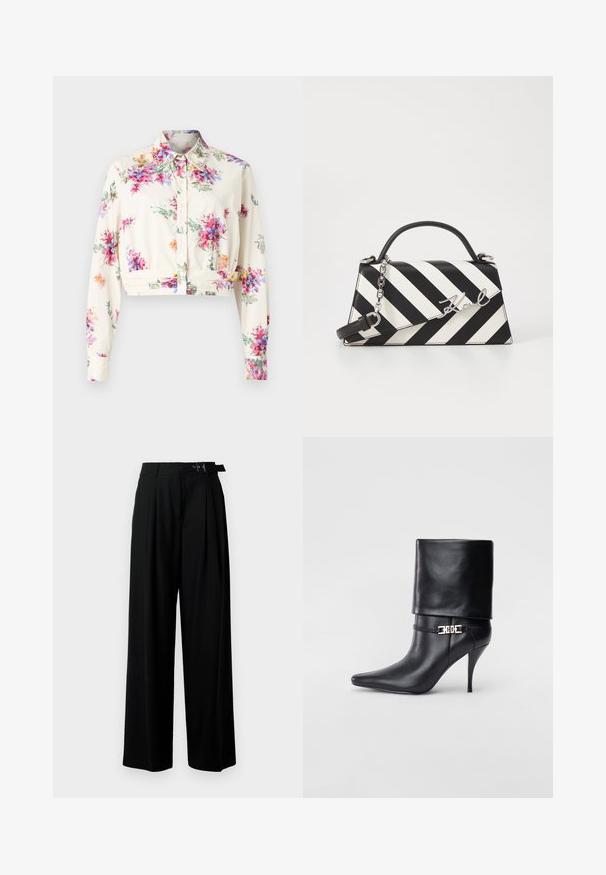 Rövid fazonú ing krém színű anyagból, színes virágmintával. Hosszú ujjak, galléros nyak és gombos eleje van dekoratív gallér díszítéssel.; Fekete, bő szárú nadrág magas derékkal, elöl pliszírozva, és csattal ellátott övvel. Simább, könnyű anyagból készült.; Fekete bőr bokacsizma hegyes orral, magas stiletto sarokkal, hajtott szegéllyel és arany díszcsattal a bokán.; Fekete-fehér csíkos kézitáska, strukturált formával, felső fogantyúval, leválasztható lánc pánttal és fémes logóval.