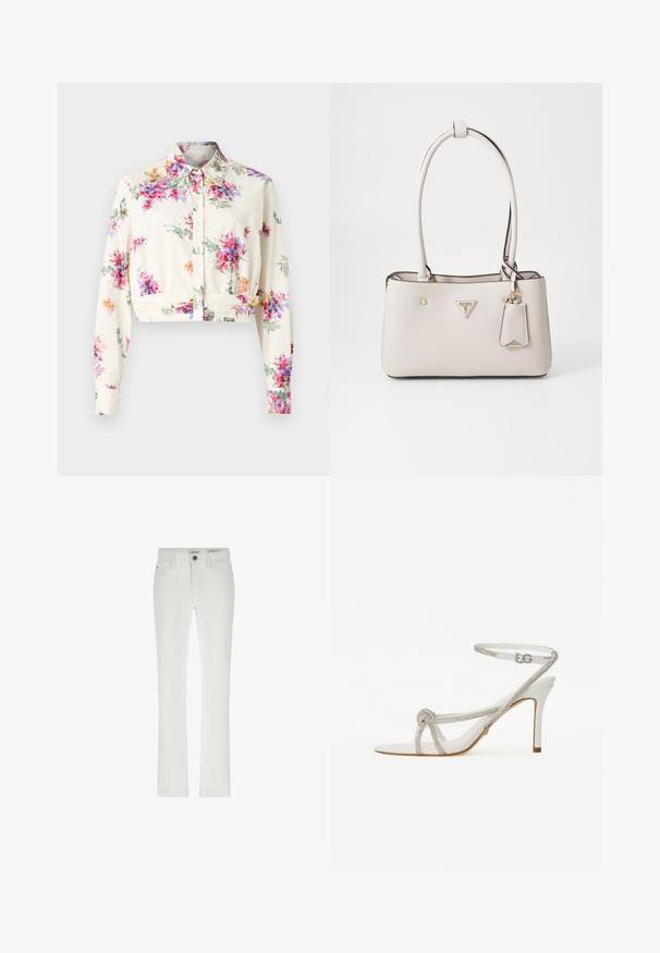Geknipte blouse in crèmekleurige stof met een multikleuren bloemenpatroon. Heeft lange mouwen, een kraag en een knoopsluiting met decoratieve kraagaccenten.; Witte jeans met een slanke pasvorm, 5 zakken en contrasterende stiknaden. Beschikt over een knoopsluiting en een subtiele merklabel op de tailleband.; Witte hoge hak sandaal met een textuurriem voorzien van rhinestones, open teen ontwerp en enkelband met verstelbare gesp.; Beige neplederen handtas met een gladde textuur, dubbele schouderbanden, gouden hardware, een logoplaatje en een aangehechte label.