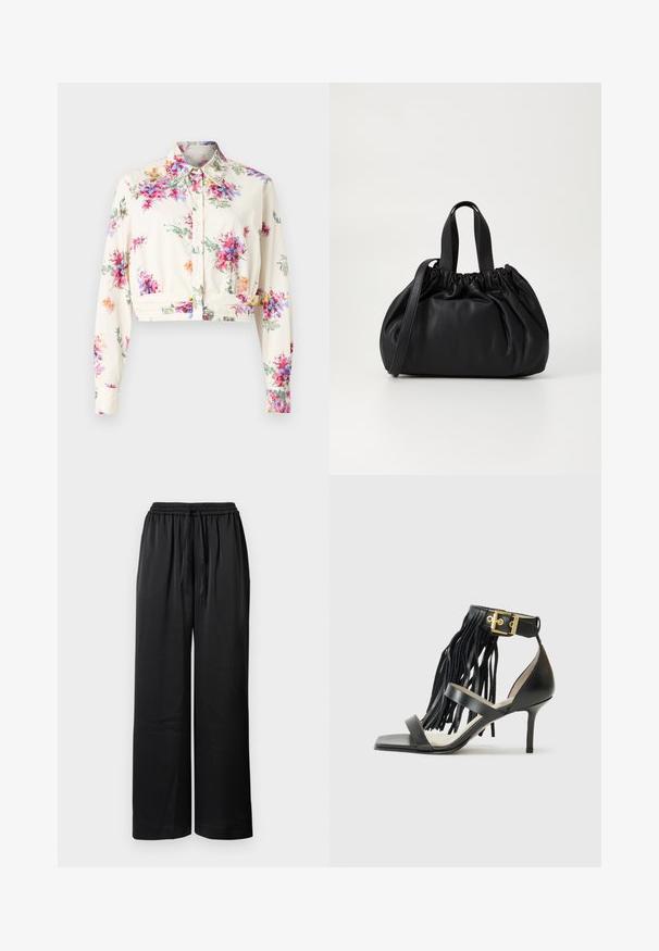 Strihnutá blúzka z krémovej látky s multicolorným kvetinovým vzorom. Obsahuje dlhé rukávy, golier a predné zapínanie na gombíky s dekoračnými akcentmi na golieri.; Čierne široké nohavice s elastickým pásom, sťahovacou šnúrkou a hladkou textúrou. Majú voľný strih pre pohodlie a pohyblivosť.; Čierne sandále na vysokom podpätku s strapcami, členkový remienok so zlatým kovovým detailom, plochý štvorcový prst a dva krížiace sa remienky na priehlavku.; Čierna kožená kabelka so zberaným vrchom, s dvoma krátkymi držadlami a dlhým nastaviteľným popruhom. Hladká textura, zaoblený tvar.