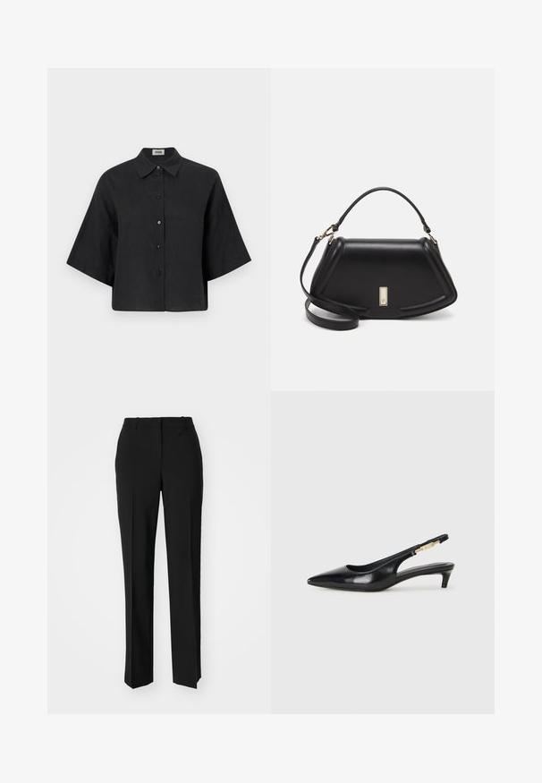 Black linen cropped shirt with a pointed collar, short sleeves, and front button closure. Features a relaxed fit and smooth texture.; Black tailored trousers with a straight-leg design, featuring a smooth texture and crisp creases along the front. No visible hardware.; Black leather slingback heels with a pointed toe, featuring a slim heel and a gold-tone accent on the adjustable strap. Smooth texture.; Black leather handbag with a structured design, featuring a cropped shape, top handle, and gold hardware accent. Adjustable shoulder strap included.
