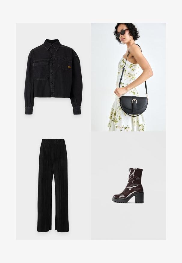 Black cropped denim jacket with long sleeves, button closure, two front pockets, and a small yellow logo on the chest pocket.; Black pleated trousers with an elastic waistband. Features wide legs and a smooth, textured fabric with vertical stripes.; Glossy burgundy ankle boot with a chunky black heel, featuring a smooth texture and simple design. No visible fastenings or patterns.; Black leather handbag with a curved shape, detachable strap, and gold hardware. The bag features a flap with a buckle detail.