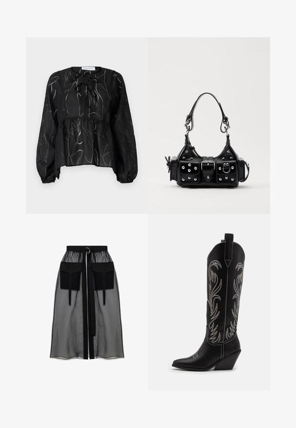 Must mustreblus, millel on pikad pumppaisad, joonitud kaelus ja heledates hallides toonides tekstuuriga lehekiri. Peplum siluett.; Must mustriga seelik, millel on kogutud vöökoht, kaks suurt esitaskut, vöötie ja ringikujuline metallaktsent.; Mustad mustad nahast cowboy saapad terava ninaga, vööndkanna ja hõbedaste tikanditega lillemustritega varred. Kontrastõmblused üle kogu.; Must värvi nahast käekott, millel on kaarjas disain, hõbedased nupukesed, kinnitusahe ja kaks külgtaskut. Reguleeritav rihm erinevate kandmisvõimaluste jaoks.