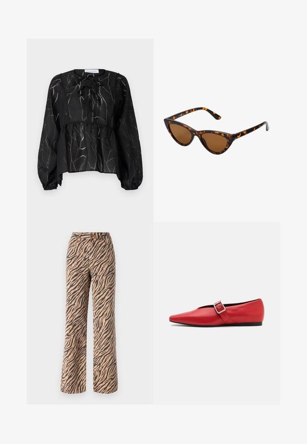 Schwarze transparente Bluse mit langen Puffärmeln, die einen Tunnelzug-Ausschnitt und ein strukturiertes Blattmuster in Hellgrau aufweist. Peplum-Silhouette.; Weite Hosen mit einem Tigermuster in Braun- und Schwarztönen, mit normaler Taille und fünf Taschen.; Rote Leder-Ballerina mit einer spitzen Zehe, ausgestattet mit einem Seitenriemen mit einer Metallschnalle und einem niedrigen schwarzen Absatz. Glatte Textur über die gesamte Fläche.; Katzenaugen-Sonnenbrille mit einem schwarz-orangenen Schildpattrahmen, braunen Gläsern und schlanken, spitzen Enden. Verfügt über ein minimalistisches Logo am Bügel.