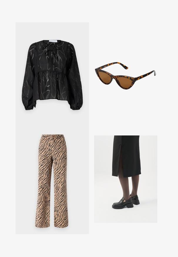 Čierna priesvitná blúzka s dlhými puff rukávmi, s viazacím výstrihom a textúrovaným listovým vzorom v svetlo šedej farbe. Peplum silueta.; Široké nohavice s tigrovým pruhom v odtieňoch hnedej a čiernej, s klasickým pásom a dizajnom s piatimi vreckami.; Čierne kožené topánky s okrúhlou špičkou, silným blokovým opätkom a elastickými bočnými akcentmi, skombinované s tmavými pančuchami a čiernou sukňou so štiepením.; Mačacie slnečné okuliare s čiernym a oranžovým želvovinovým rámom, hnedými sklami a elegantnými, špicatými koncami. Obsahujú minimalistické logo na spánku.