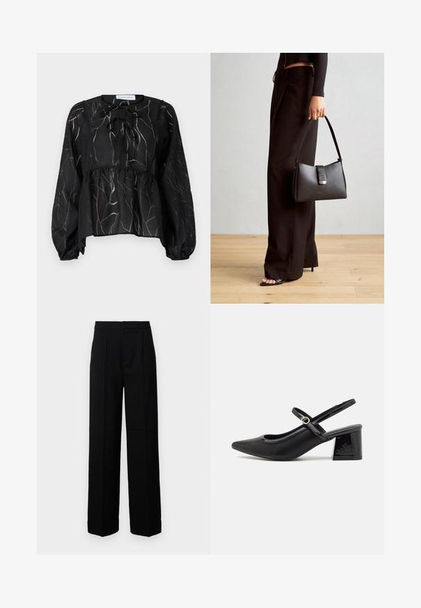 Blusa nera trasparente con maniche a sbuffo lunghe, caratterizzata da un collo regolabile con lacci e un motivo a foglia testurizzato in grigio chiaro. Silhouette peplum.; Pantaloni neri a gamba larga con una texture liscia, dotati di una parte anteriore piatta, pieghe e una vita sagomata. Senza hardware visibile o motivi.; Décolleté in vernice nera con cinturino dietro, punta affusolata, design con ritagli arrotondati e tacco a blocco. Presenta un accento di fibbia tono oro.; Borsa nera con forma strutturata, texture liscia e una chiusura metallica. Abbinata a pantaloni neri larghi e sandali open-toe su un pavimento in legno.