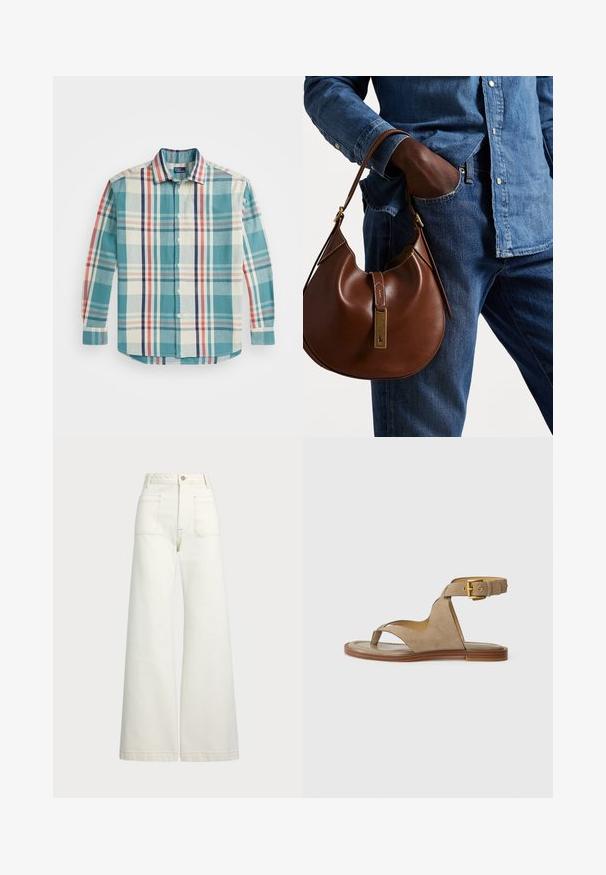 Krekls ar pogām, izgatavots no austas auduma, ar tumši zilu, krēmkrāsas, jūras zaļa un sarkana raibumu rakstu. Tam ir izplestā apkakle un garās piedurknes.; Platās kājas džinsi off-white denima. Augsta jostasvieta ar pogu aizdari, divas priekšējās kabatas un kontrastējošas šuvju detaļas.; Beige zamšādas sandales ar pirkstu cilpu, atvērtām malām un platu potītes siksnu ar zelta sprādzi. Līdzena brūna zole ar nelielu malu.; Brūna ādas hobo soma ar noapaļotu formu, ar zelta aparatūras akcentu un kontrastējošiem diegiem. Apvienota ar džinsa kreklu un džinsiem.