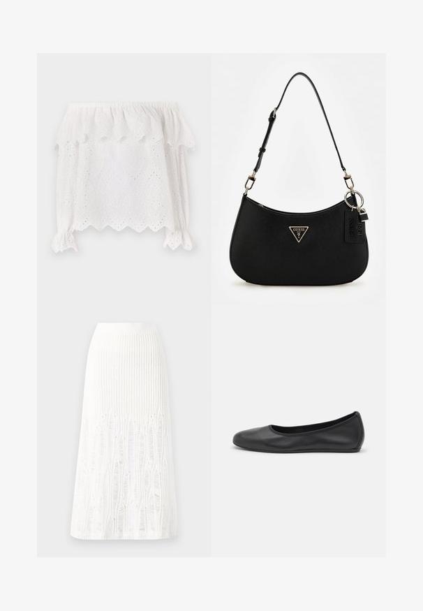 Balta palaidinė be petnešų su banguočiu apvadu, akies raštu ir elastinėmis pūstomis rankovėmis, su surišamais akcentais. Lengvas medvilnės audinys.; Balta megzta midi sijoninė su tekstūruotu raštu, vertikaliomis linijomis ir išpjovomis arti apatinės dalies. Elastinga juostos dalis. Minkšta medžiaga.; Juodai odiniai baletai su apvaliu pirštu, lygi texture, minimalus siuvimo detales ir lanksčiu padų dizainu.; Juodas sintetinės medžiagos petinės rankinės su lenkta siluetu, tekstūruota apdaila, auksiniu trikampiu logotipu ir nuimamais aksesuarais.