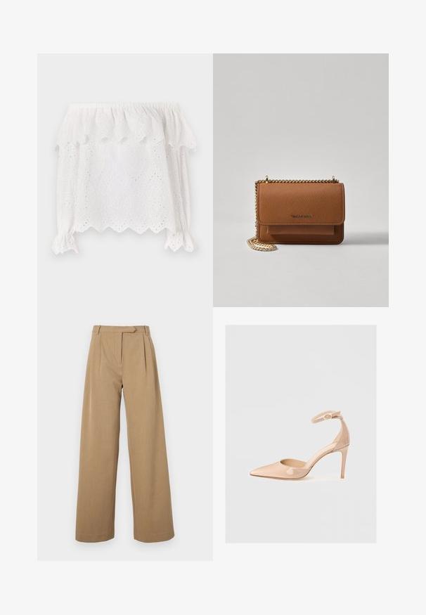 Blusa blanca sin hombros con dobladillo en forma de óvalo, patrón de ojales y mangas abullonadas elásticas con detalles atados. Tejido de algodón ligero.; Pantalones de pierna ancha en marrón claro, confeccionados en tejido texturizado. Presentan pliegues frontales y una cinturilla ajustada. Diseño simple sin herrajes visibles.; Zapato de charol nude con punta afilada, correa en el tobillo y tacón de aguja, que presenta una textura suave y un diseño minimalista.; Bolso crossbody de cuero texturizado marrón con correa de cadena dorada y cierre de solapa. La parte frontal presenta un detalle de logo y un bolsillo debajo de la solapa.