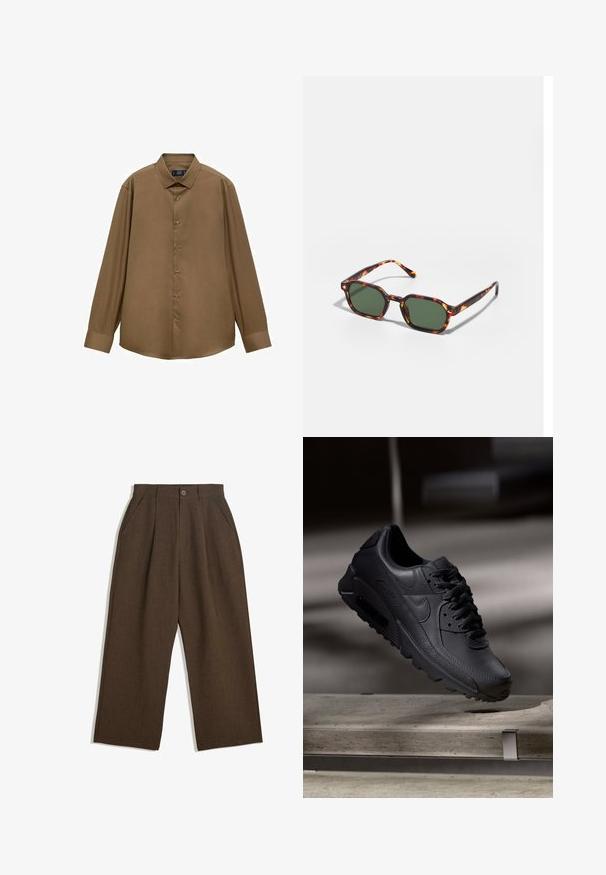 Brun långärmad skjorta i mjukt tyg; har en klassisk krage, knäppning med knappar och en rundad nederkant.; Bruna veckade byxor med en vid bendesign, med knappstängning och sidofickor, tillverkade av textil med struktur som passar för avslappnad användning.; Svarta Nike Air Max sneakers med övre del av texturerat läder, gummisula och framträdande snörsystem, som visar en strömlinjeformad och modern design.; Sköldpaddsbeslag av solglasögon med gröna linser, vinklade i en oktagonal form och med smala, böjda skalmar. Materialet har en glansig yta.