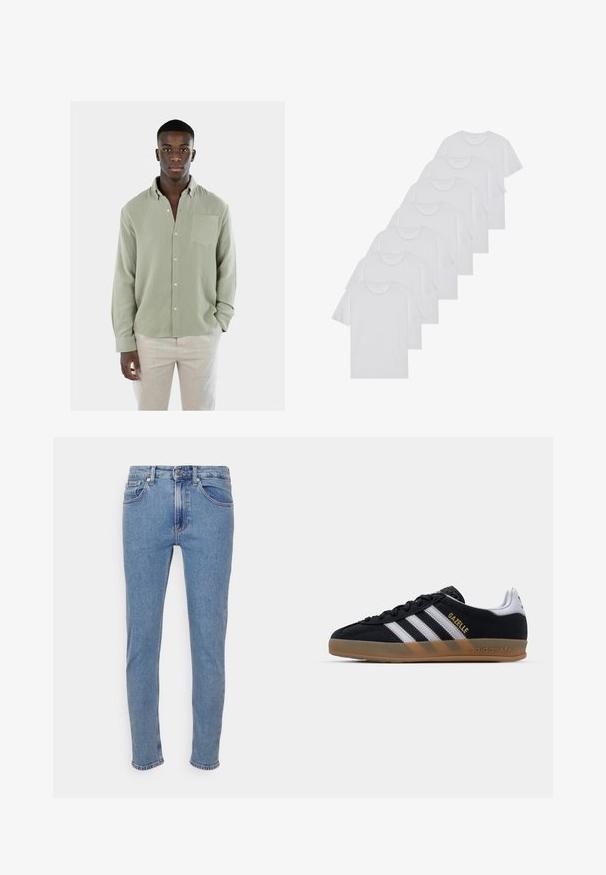 Vaaleanvihreä napillinen paita, jossa on teksturoidut kankaat, yksi rintatasku ja pitkät hihat. Yhdistetty vaaleisiin housuihin.; Valkoiset puuvillapaidat, lyhyet hihat, pyöreä kaula-aukko, yksinkertainen pinta, pinottuina riviin, jossa on hienoinen brändäys kaula-aukossa.; Vaaleansiniset slim fit -farkut, jossa etupainike ja vetoketju, etu- ja takataskut, esitelty valkoisella taustalla.; Mustat mokkasiinit valkoisilla raidoilla, vaaleanruskea kumipohja ja kultainen 'Gazelle' -logo. Klassinen matala design, jossa on teksturoitu pinta.