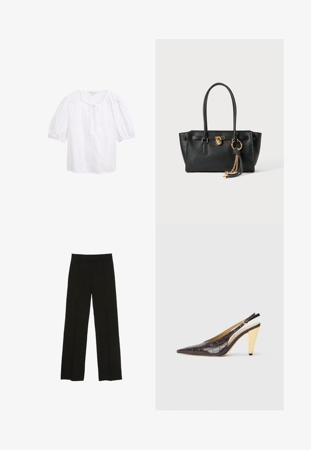 Bela kratka sleevna bluzica z okroglim izrezom, ki ima podrobnost zavezovanja spredaj. Narejena iz lahkotnega blaga z gladko teksturo.; Črne široke hlače iz gladkega materiala, z oprsnikom in diskretnimi sprednjimi plisami za dodano teksturo.; Slingback peto s koničastim nosom, v temno rjavi sijoči umetni krokodilji usnjeni različici. Ima zlate geometrijske pete in nastavljiv ankel trak.; Črna usnjena torbica z dvojno ročajema, zlatim ključavnico in detajlom verige, ter dodatkom črno-belih rese na belem ozadju.