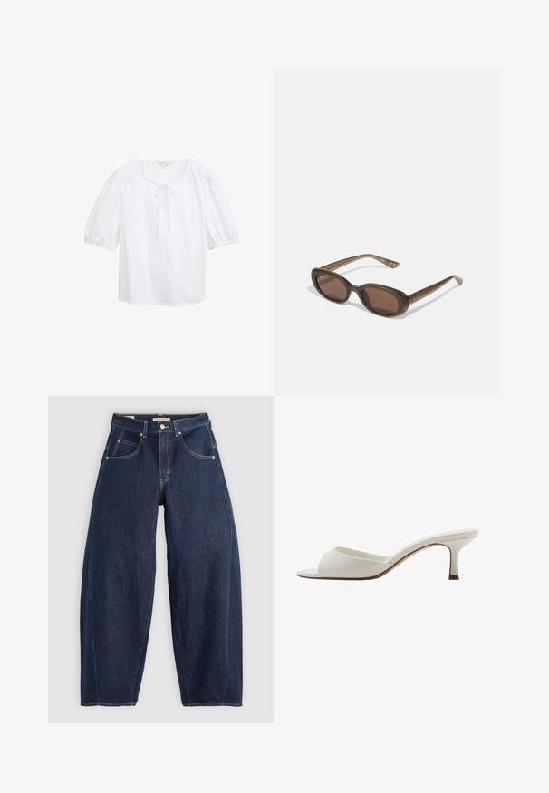 Weiße Kurzarmbluse mit rundem Ausschnitt, ausgestattet mit einem vorderen Bindedetail. Hergestellt aus leichtem Stoff mit einer glatten Textur.; Dunkelblaue Denim-Jeans mit lockerer Passform, heller Naht, fünf Taschen und einem Knopfverschluss am Bund.; Weiße, offene High-Heel-Mules mit glatter Oberfläche, minimalistischer Gestaltung und schlankem Absatz, ausgestattet mit einem subtilen braunen Akzent auf der Sohle.; Braune ovale Sonnenbrillen mit dunklen Gläsern. Das Gestell besteht aus einem transparenten braunen Material und hat ein auf den Bügeln aufgedrucktes Logo.; Grüne Lederhandtasche mit glatter Textur, gebogenem Design und geflochtenem Griff. Verfügt über einen Reißverschluss und einen verstellbaren Riemen.