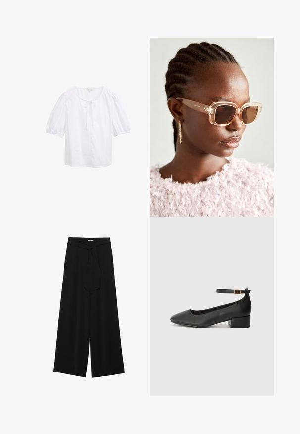 Fehér, rövid ujjú blúz, kerek nyakkivágással, elöl megkötő részletekkel. Könnyű anyagból készült, sima tapintású.; Fekete, bő szárú nadrág, texturált anyagból, rugalmas derékpánttal és levehető sállal a derekán, amely állítható illeszkedést biztosít.; Fekete bőr magassarkú cipő hegyes orral és alacsony tömb sarkal. Bokapánttal rendelkezik, aranyszínű csattal. Simább textúra.; Beige, oversized napszemüveg átlátszó kerettel és barna árnyékolt lencsékkel, diszkrét virágos díszítéssel és merész, geometrikus formával.