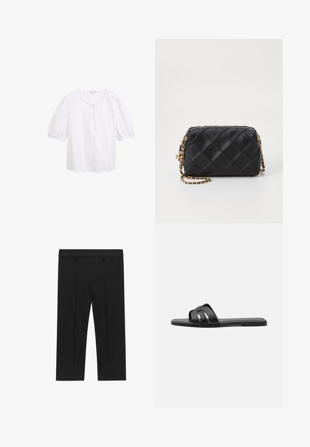 Valkoinen lyhythihainen pusero, jossa on pyöreä pääntie ja edessä solmimisdetalji. Valmistettu kevyestä kankaasta, joka on sileä ja miellyttävä.; STOCKH LM Studio KAYLA CAPRI - Shortsit - black; Mustat liukupolku sandaalit, jotka on valmistettu sileästä nahasta ja joissa on kolme ristiin menevää hihnaa, tasapohja ja minimalistinen muotoilu.; Mustakudottu nahkalaukku kultaketjulla ja vetoketjulla. Omistaa timanttikuosin, sileän pinnan ja tyylikkään suorakaiteen muodon.