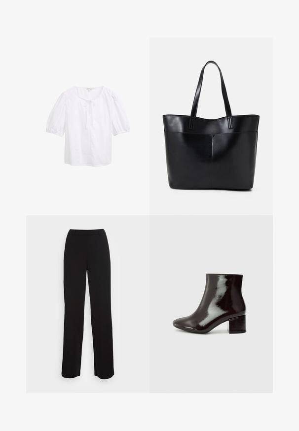 Bluză albă cu mâneci scurte și guler rotund, cu un detaliu în față legat. Fabricată dintr-un material ușor, cu o textură netedă.; Pantaloni negri cu un design drept, textură netedă și o talie ajustată. Prezintă buzunare frontale și un detaliu de coasere minim.; Botine negre din piele lăcuită, cu vârful ascuțit și toc robust. Textură netedă cu un luciu subtil și linii curate, design minimalist.; Geantă oversized din piele neagră, cu două mânere lungi, de textură netedă și formă structurată. Are un buzunar frontal pentru stocare suplimentară.