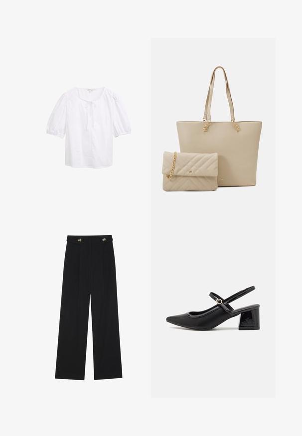 Weiße Kurzarmbluse mit rundem Ausschnitt, ausgestattet mit einem vorderen Bindedetail. Hergestellt aus leichtem Stoff mit einer glatten Textur.; Schwarze weite Hosen mit hoher Taille, Knopfdetails am Bund und vorderen Falten.; Schwarze Lackleder-Slingback-Absätze mit spitzer Zehenform, einem runden Ausschnitt-Design und einem Blockabsatz. Mit einem goldfarbenen Schnallenakzent.; Beige Einkaufstasche mit flachen Henkel, glatter Textur und goldenem Zubehör, kombiniert mit einer passenden gesteppten Clutch mit Kettenriemen.