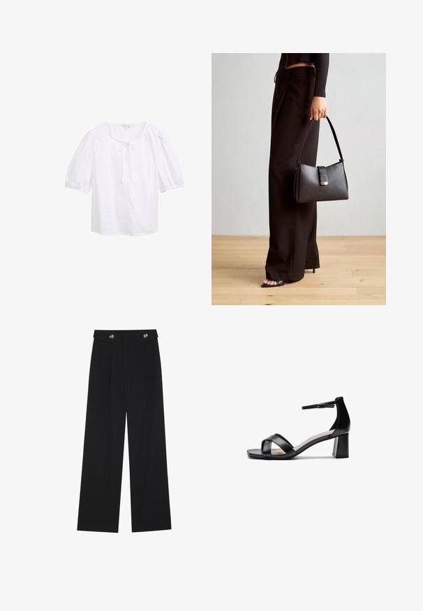 Bijela bluzica s kratkim rukavima i okruglim izrezom, s detaljem čvora sprijeda. Izrađena od lagane tkanine s glatkom teksturom.; Crne hlače širokih nogavica s visokim strukom, s dugmadi na pojasu i prednjim nabora.; Crne sandale s otvorenim prstima i potpeticama, s ukriženim trakama, podesivom narukvicom oko gležnja i masivnom potpeticom, izrađene od glatke kože.; Crna torba s oblikom koji sadrži strukturu, glađu teksturu i metalnu kopču. Uparena s širokim crnim hlačama i sandalama na otvorenom s drvenog poda.