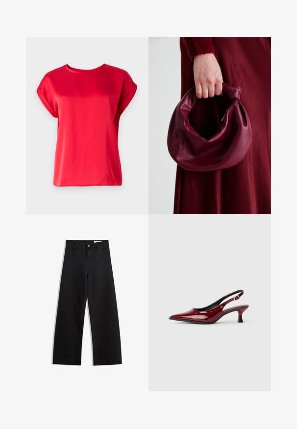 VILA VIELLETTE - Jednoduché tričko - racing red; Černé denimové kalhoty s volným střihem a vysokým pasem, vybavené předními a zadními kapsami, prošívanými švy a knoflíkovým zapínáním. Hladká textura.; Burgundské lakované lodičky na podpatku se špičatou špičkou a elegantním jehlovým podpatkem. Otevřená zadní část s nastavitelným páskem kolem kotníku.; Burgundská kožená kabelka s měkkým, nabíraným designem a zaobleným tvarem. Ucho je zajištěné a vykazuje hladkou texturu.