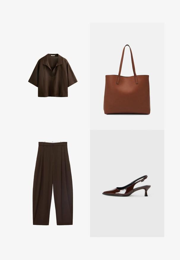 Braunes Leinenhemd mit weiten Ärmeln, lockerer Passform und tiefem V-Ausschnitt. Strukturierter Stoff mit natürlichem Aussehen und subtilen Steppnähten.; Braune, hoch taillierte Hose mit Falten, aus glattem Stoff. Lässige Passform, gerade Beinform, mit Gürtelschlaufen und Reißverschluss.; Braune Lackleder-Slingback-Schuhe mit spitzer Zehe und moderatem Absatz. Mit einem Schnallenriemen für einen sicheren Sitz. Glatte Textur.; Braune Leder-Tote mit glatter Textur, offenem Oberteil und zwei Schulterriemen. Verfügt über minimale Nähte und keine sichtbaren Beschläge.