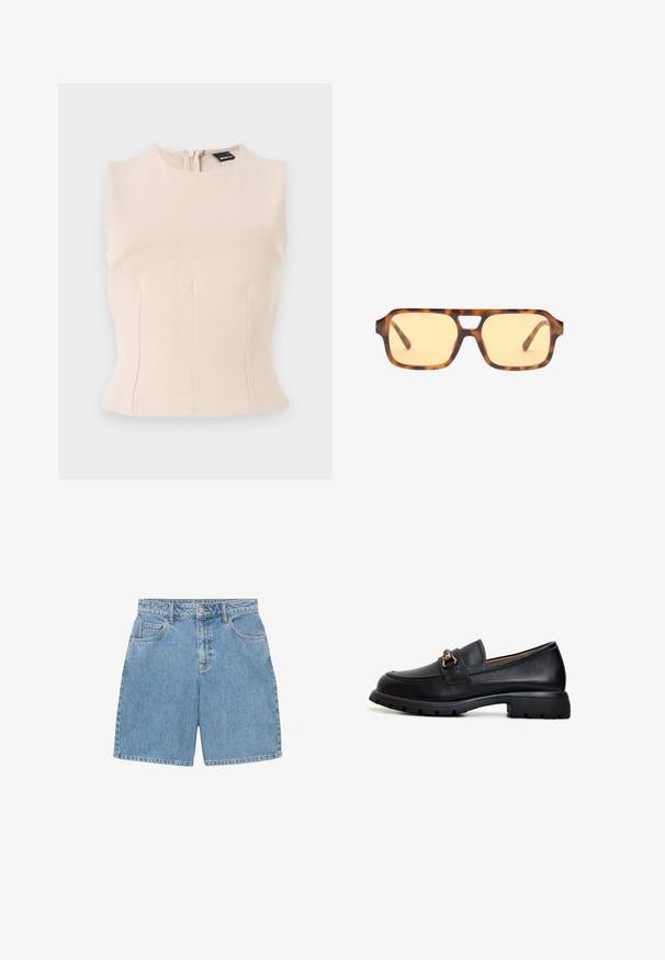 Svijetložuta bez rukava majica s visokim ovratnikom i patentnim zatvaračem na leđima. Izrađena je od mekog materijala, s detaljima šava sprijeda za strukturirani izgled.; Traper šortsevi u svijetloplavoj boji, s visokim strukom, četiri džepa i vidljivim šavovima. Napravljeni od teksturiranog traper materijala.; Crni kožni loafer s zaobljenim vrhom, ukrasnim zlatnim detaljima i čvrstim gumenim đonom koji ima uzorak teksturirane potpore.; Sunglase s čašama u boji kornjače sa žutim staklima, pravokutnog oblika, i karakterističnim izrezom na mostu. Teksturalne ručke zaokružuju dizajn.; Morska kožna torba s glatkom površinom, poželjno zaobljenog oblika, s preklopnim vrhom i jednim remenom za rame. Uključeni su dodaci od srebrnog hardvera.; Tri su bježne gumice za kosu: jednu crnu od tkanine, jednu bijelu od tkanine i jednu crnu s teksturiranim srebrnim uzorkom i rubovima. Mekani, skupljeni dizajn.