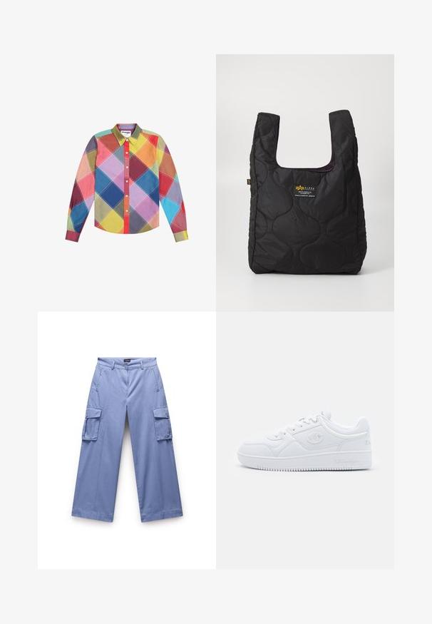 Ilga rankovė marškiniai su daugiacoloriu deimantų raštu raudonos, mėlynos, geltonos, žalios ir violetinės spalvų atspalviais, su užsegamu apykakle.; Šviesiai mėlyni krovinių kelnės, pagamintos iš lygaus audinio. Turi dvigubas šonines kišenes, laisvą siluetą ir tiesias kojas su siuvinėjimais.; Baltos sportbačiai, pagaminti iš sklandžios sintetinės medžiagos, su apvaliu pirštu, plokščiu padu ir subtiliais logotipo akcentais šonuose. Klasikinis žemas dizainas.; Juodas siuvinėtas pirkinių krepšys su plačiu atidarymu, išlenktomis formomis paviršiuje ir etikete, kurioje yra geltonos ir baltos spalvų tekstas priekyje.