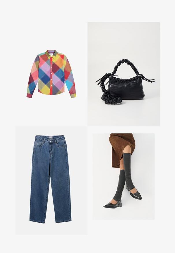 Pikkade varrukatega särk, millel on mitmevärviline rombimuster punase, sinise, kollase, rohelise ja violettse tooni, koos nööpidega kaelusega.; Klassikalised sinised denimists teksad otsejalaga disainiga, viie taskuga ja nööbisuletusega. Omab keskmist pesu ja tugevat tekstuuri.; Mustad patsaline odav värviga kingad, millel on kreen ja pahkluuring, on paaritatud hallide ribakudumitega sääremiidega ja pruunist nahast seelikuga.; Must must sünteetilisest nahast käekott, millel on krokodillimuster, kokku tõmmatav ülaosa ja kortsus rihm. Tundub pehme ja kompaktne disain.