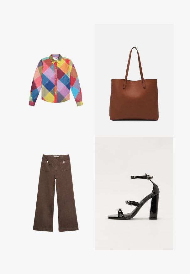 Camicia a maniche lunghe con un motivo a diamante multicolore nelle tonalità di rosso, blu, giallo, verde e viola, con colletto-button down.; Pantaloni larghi marroni in cotone, con due tasche frontali decorate da bottoni argentati e una texture liscia.; Sandali con tacco in vernice nera, con punta squadrata, cinturini alla caviglia e fibbie in argento. Presentano un tacco a blocco spesso per maggiore stabilità.; Borsa tote in pelle marrone con texture liscia, design con apertura superiore e due spallacci. Presenta cuciture minime e nessun hardware visibile.