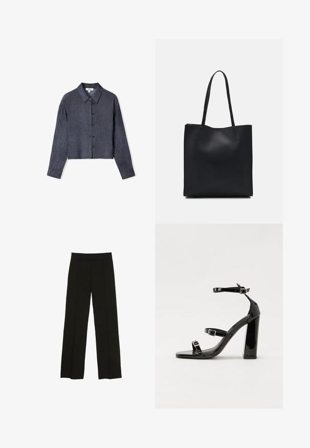 Przycięta koszula zapinana na guziki w ciemnoszarym, teksturowanym materiale. Posiada klasyczny kołnierz oraz długie rękawy z zapięciem na guziki z przodu.; Czarne spodnie szerokie na nogawkach wykonane z gładkiego materiału, z dopasowanym paskiem w talii i subtelnymi fałdami z przodu, które dodają tekstury.; Czarne lakierowane sandały na obcasie z kwadratowym noskiem, z paskami wokół kostki i srebrnymi klamrami. Posiadają masywny słupek dla stabilności.; Czarna skórzana torba tote o gładkiej fakturze, prostokątnym kształcie i dwóch długich uchwytach. Brak widocznych elementów metalowych i ozdób.