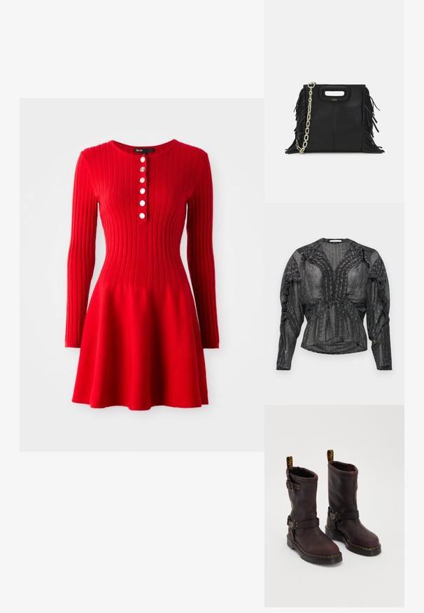 Musta, läpinäkyvä paita metallilangalla. Ominaisuuksiin kuuluvat syvä V-kaula-aukko, kerääntyneet yksityiskohdat hartioilla sekä pitkät hihat rennolla istuvuudella.; Punainen ribbikujalla neulemekko, jossa on pitkät hihat, kapea yläosa ja leveä helma. Ominaisuuksiin kuuluu pyöreä pääntie ja viisi valkoista nappia edessä.; Ruske nahkasaappaat keskipolven mittaisella muotoilulla, jossa on hihna ja solki, paksu musta pohja ja keltaiset ompeleet.; Musta nahkakäekott, millel on frantsiisidetailid, kuldne õlgade rihm ja lõikega käepide. Ees on logo paigutus.