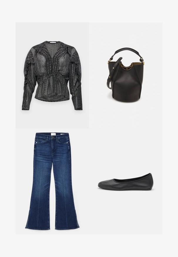 Black, sheer blouse with metallic thread. Features a deep V-neck, gathered detailing along the shoulders, and long sleeves with a relaxed fit.; Dark blue flared jeans made from denim. Features a high waist, front pockets, and slit details at the hem. Classic five-pocket design.; Black leather ballet flat with a rounded toe, smooth texture, minimal stitching detail, and a flexible sole design.; Black leather bucket bag with a textured finish, gold hardware accents, and an open top. Features a short handle and adjustable shoulder strap.