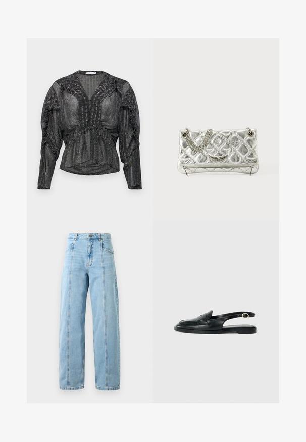 Black, sheer blouse with metallic thread. Features a deep V-neck, gathered detailing along the shoulders, and long sleeves with a relaxed fit.; Light blue high-waist straight-leg jeans with front seams, side pockets, belt loops, and a metal button closure.; Black leather slingback shoe with a rounded toe, flat sole, side cutout, and strap featuring a gold-tone hardware detail.; Silver metallic handbag with chain handle, quilted texture, decorative stitching, and a zip closure. Features embossed accents on the front.