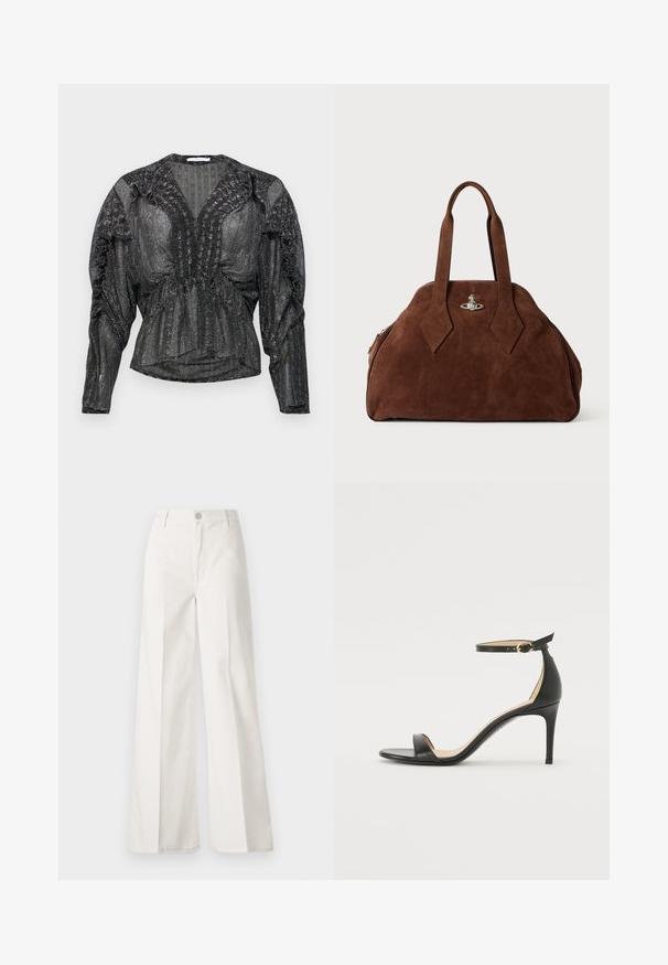 Črna, prosojna bluzica z metalnim nitom. Ima globok V-izrez, nabran detajl ob ramenih in dolge rokave z ohlapen krojem.; Bele široke hlače iz bombaža z gladko teksturo. Imajo gumb spredaj, zadrgo in zasnovo z štirimi žepi.; Črne usnjene sandale s peto, ki imajo priponko za gleženj. Imajo gladko teksturo, odprt prst in tanek peto. Podrobnost z zlatim sponko.; Rjav sueden torbica s strukturovano obliko, zaobljeno telo in podolgovat diamanten ročaj. Ima srebrno kovinsko zapiranje.
