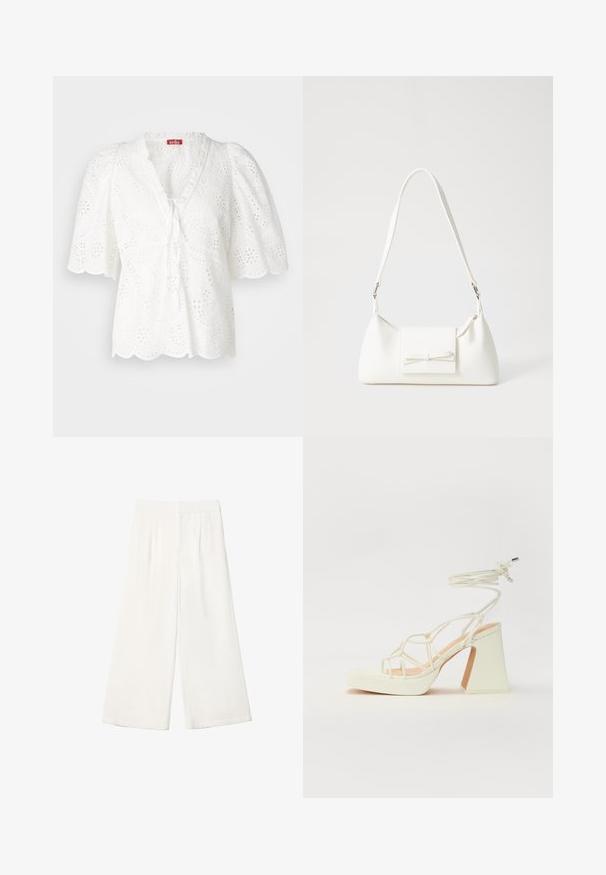 Valkoinen paita puffihihnoilla, reikäkangasta kukka- ja paisley-kuvioilla, aallokas helma ja V-mallinen kaula-aukko sidontatiedoilla.; Valkoiset leveät housut, jotka on valmistettu sileästä kankaasta. Ominaisuuksiin kuuluvat litteä vyötärö ja pystysuorat laskokset lisäyksinä.; Valkoinen korkokenkä, jossa on paksu korko, ja joka sisältää nauhakiinnityksen ja nilkkaketjun. Sujuva pinta, jossa on platform-etupohja lisäkorkeutta varten.; Valkoinen synteettinen käsilaukku, jossa on kolmikulmainen muoto, tasainen etu läppä ja nauhadetail, säädettävä olkahihna, sileä rakenne ja minimalinen muotoilu.