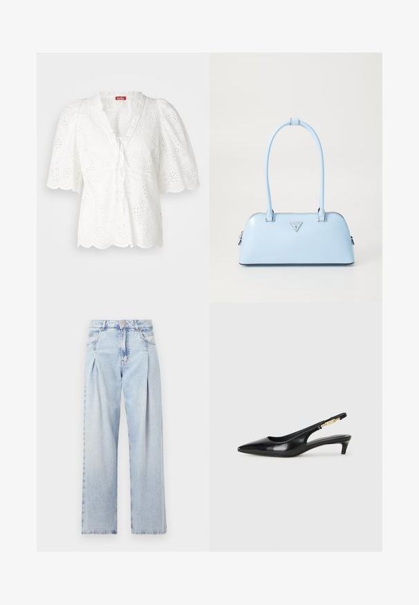 Bjela bluza s napuhanim rukavima, tkanina s rupicama koja sadrži cvjetne i paisley uzorke, obrub na odrezak i V-izrez s detaljem za vezanje.; Svijetloplavi traperice s visokim strukom, širokim krojem, dva bočna džepa i naboranim dizajnom. Mekana tekstura s izblijedjelim završetkom.; Crne kožne sandale s petom, s izduženim vrhom, imaju usku petu i zlatni akcent na podesivoj traci. Glatka tekstura.; Svijetloplavi ručni torbica sa strukturiranim oblikom, glatka kožna materija, dva ručka i trokutasti brend logotip na prednjoj strani. Zatvaranje na patentni zatvarač.