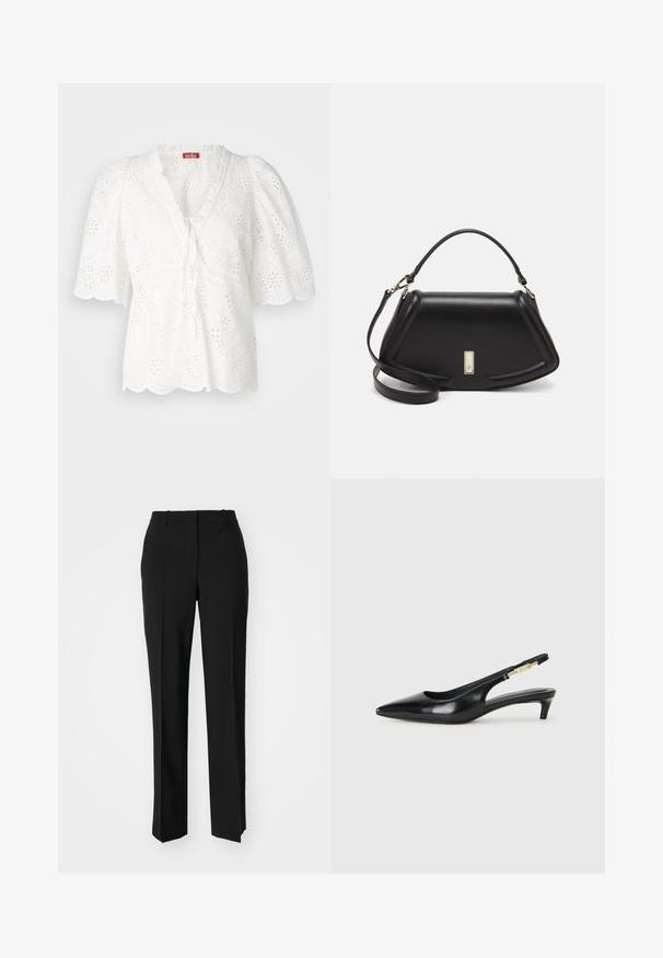 Blouse blanche à manches bouffantes, en tissu ajouré avec des motifs floraux et en paisley, ourlet festonné et décolleté en V avec un nœud.; Pantalon noir ajusté avec une coupe droite, présentant une texture lisse et des plis nets sur le devant. Aucune quincaillerie visible.; Talons hauts en cuir noir avec un bout pointu, dotés d'un talon fin et d'un accent en ton or sur la lanière réglable. Texture lisse.; Sac à main en cuir noir avec un design structuré, featuring une forme cropped, une poignée supérieure et des accents en matériel doré. Bandoulière réglable incluse.