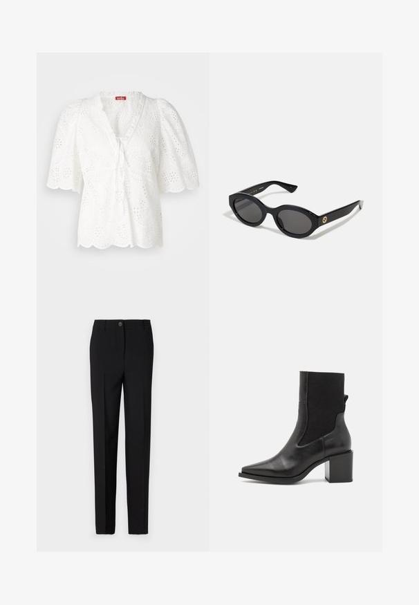 Balta bluzoną su pūstomis rankovėmis, akis turinčia medžiaga su gėlių ir paisley raštais, banguotu apvadu ir V formos iškirpte su raištelio detale.; Juodai pritaikyti kelnes su tiesiu sijonu, su mygtukų užsegimu ir diržo kilpomis, pagamintos iš lygaus audinio.; Juodos aulinukai iki kulkšnies, su smailiu pirštu, pagaminti iš lygaus odos ir elastingos medžiagos. Turi kvadratinį kulniuką ir minimalistinį dizainą.; Juodos ovalios saulės akinių su tamsiais lęšiais ir blizgia plastiko apvadu. Su auksiniu logotipu ant šventyklos, siūlo elegantišką ir modernų dizainą.