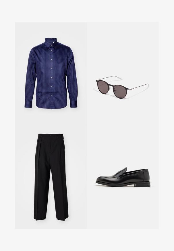 Chemise à manches longues bleu marine avec des rayures verticales en bleu clair. Elle présente un col classique et une fermeture à boutons, fabriquée dans un tissu lisse.; Pantalons plissés noirs avec un design droit et large. Fabriqués en tissu lisse, avec une fermeture à bouton et des passants de ceinture.; Mocassins en cuir noir avec une texture lisse, bout rond et une sangle décorative sur le dessus. Talon bas empilé, design minimaliste.; Lunettes de soleil noires rondes avec verres sombres et branches en métal fines. Comprend des embouts transparents et des accents argentés au niveau de la charnière. Design minimaliste.