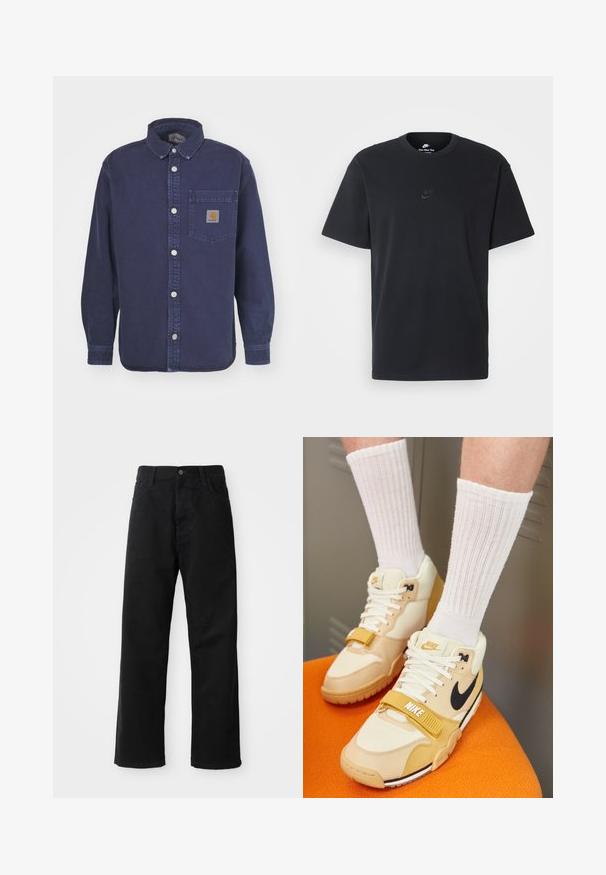 Carhartt WIP GEORGE - Košile - air force blue; Černé bavlněné tričko Nike s klasickým kulatým výstřihem, krátkými rukávy a decentně vyraženým logem na hrudi. Hladký povrch.; Černé džínové kalhoty s rovný střih, s předními kapsami, zipovým zapínáním a jedním horním knoflíkem. Texturovaná látka s matným povrchem.; Nike sportovní boty ve béžové a krémové kůži, s černým swooshem, bílými tkaničkami, suchým zipem a texturovanou gumovou podrážkou.