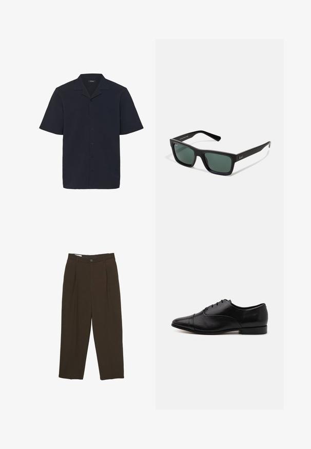 Srajca s kratkimi rokavi temno mornarsko modre barve z teksturirano tkanino. Ima konico ovratnika in šest gumbov na sprednji strani. Ravno obrežen rob.; Temno rjave hlače po meri s sprednjimi gubami, zankami za pas in gumbom za zapiranje ob pasu.; Črne usnjene čevlje za obleko s koničastim nosom, ukrivljenim dekorativnim šivom, šestimi luknjami za vezanje in nizkim zloženim peto. Splošna gladka tekstura.; Črne pravokotne sončne očala z zelenimi lečami, z mat površino, ravnimi nosilci in logotipom Ray-Ban na strani.