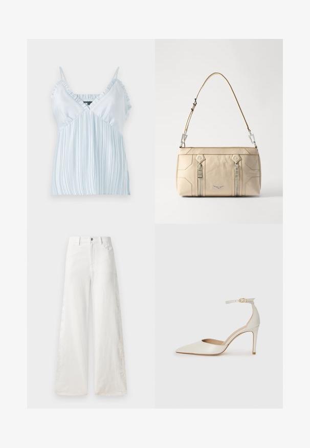 Világoskék, könnyű felső, függőleges csíkokkal, fodros pántokkal és V-nyakkivágással. Sima textúra és laza fazon.; Fehér, bő szárú farmernadrág oldalsó hímzett mintázattal és hagyományos, öt zsebes dizájnnal. Cipzáras záródással és gombbal.; Fehér bőr, magassarkú cipő hegyes orral, bokapánttal és vékony tűs sarkal. Simaszövet, finom fényes felülettel.; Beige bőrből készült kézitáska ezüst részletekkel, két oldalsó cipzárral, strukturált kialakítással és levehető pánttal a sokoldalúság érdekében.