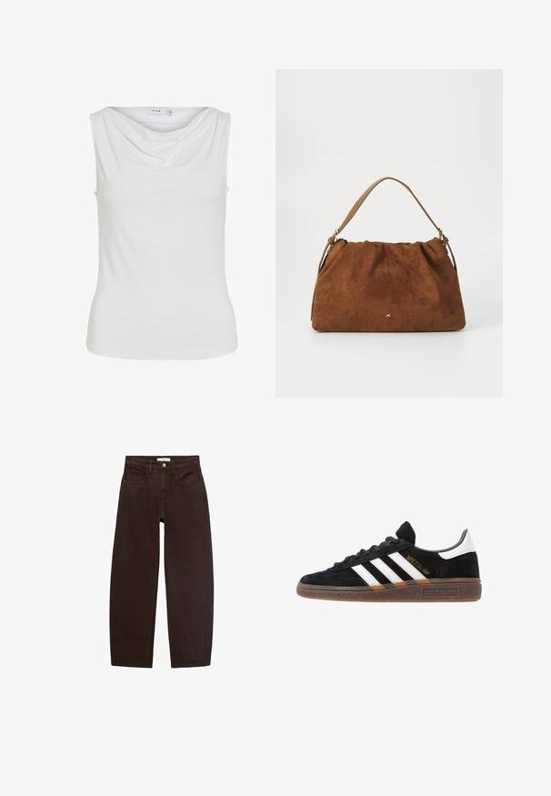 Sleeveless white women's top with a draped neckline and fitted silhouette, labeled "VILA" inside collar.; Brown denim jeans with a relaxed fit, featuring five pockets, belt loops, and a classic zip fly. Smooth texture and straight leg design.; Black Adidas sneaker with white stripes, gold "Spezial" text, gum sole, and white heel tab, shown in profile view.; Brown suede handbag with a gathered design, featuring a single tan leather strap and a subtle gold logo detail on the front.