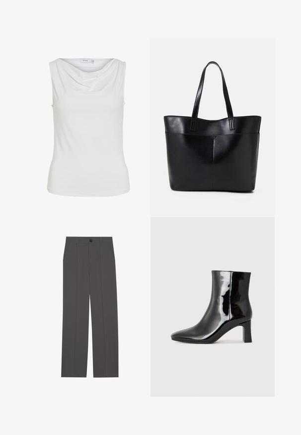 Top bianco senza maniche da donna con scollatura drappeggiata e silhouette aderente, etichettato "VILA" all'interno del colletto.; Pantaloni grigi con un design a gamba dritta, dotati di due tasche laterali e chiusura con bottone. Tessuto liscio senza motivi o accenti visibili.; Stivaletto in pelle verniciata nera con punta a punta e tacco a blocco di altezza media. Texture liscia e design minimalista.; Borsa a tracolla in pelle nera con due manici lunghi, una texture liscia e una forma strutturata. Presenta una tasca frontale per ulteriore spazio di archiviazione.