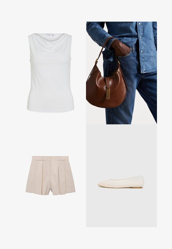 Ærmeløs hvid kvinde top med draperet halsudskæring og tætsiddende silhuet, mærket "VILA" indeni kraven.; Beige plisserede shorts med et skræddersyet design, der har høj talje og en glat tekstur. Fire frontplisseringer skaber volumen. Ingen lommer.; Hvide flade sko med mesh-design, spids tå og en lav, flad sål. Tekstureret overdel med en glat foring og subtile kontrastkanter.; Brun læder hobo taske med en afrundet form, der har et guldhardware-element og kontraststing. Sammen med en denimskjorte og jeans.
