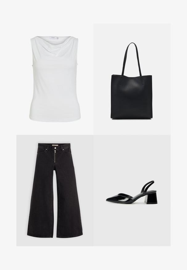 Bez piedurknēm baltā sieviešu blūze ar izklātu dekoltē un pieguļošu siluetu, ar uzrakstu "VILA" iekšpusē apkaklē.; Platas kājas džinsi melnā džinsa audumā ar rāvējslēdzēju priekšā, piecu kabatu dizains un smalkas šuvju detaļas. Gluda tekstūra un ikdienišķs stils.; Melna lakota āda ar atvērto papēdi, ar smailu purngalu un ģeometrisku blokpapēdi. Iezīmējas elegants, minimāls dizains un gluda tekstūra.; Melnas ādas somiņa ar gludu tekstūru, taisnstūra formu un divām garām rokturiem. Nav redzamu aparatūras vai rotājumu.